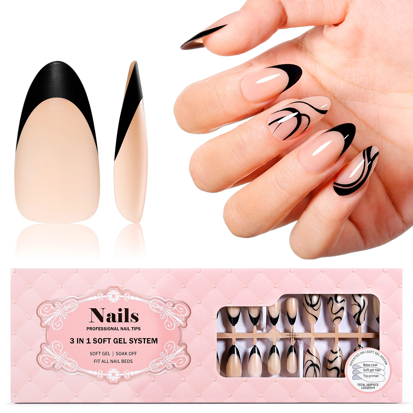 

GELLEN French Tip Press on Nails 160 Pcs Soft Almond False Nail Black Swirl Design Classic Nude Trends Full Cover Manicure DIY