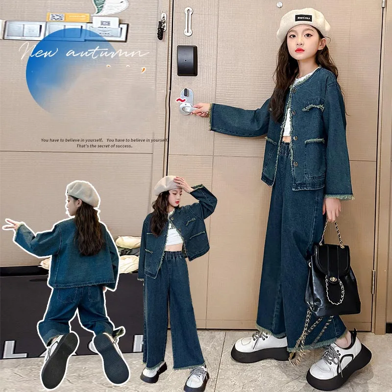 

Korean Spring Autumn School Girl Denim Suit Elementary Girl Denim Tassel Edge Cardigan Jacket+Straight Pants Jeans Set For Girls