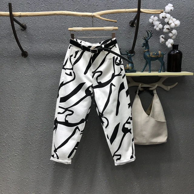 Dżinsy damskie Streetwear Fashion Graffiti Print Jeans Pocket High Waist Washed Jeans Female 2024 Spring Loose Straight Pants