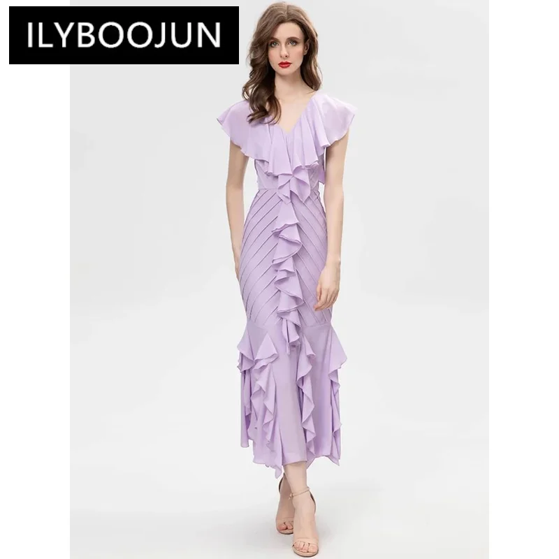 

ILYBOOJUN Fashion Designer Spring Mermaid Dress Women V-Neck Butterfly Sleeve Folds Ruffles HighWaiste Elegant Party Long Dress