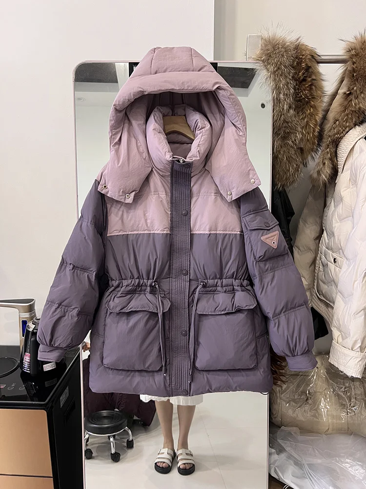 Down jacket women's 2025 new Korean version hooded large pocket fashionable 90 white duck down jacket trendy Overcoat
