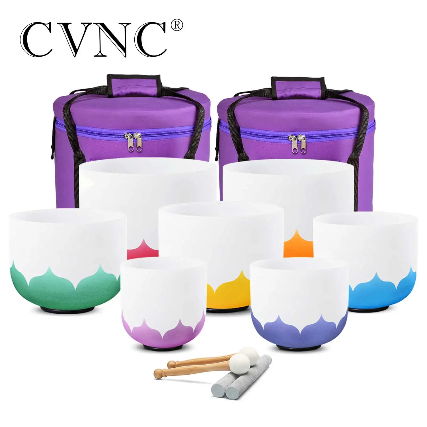 CVNC  6-12 Inch Lotus Flower Design White Crystal Singing Bowls set 7 pcs Chakra for Sound Healing and Meditation with Bags