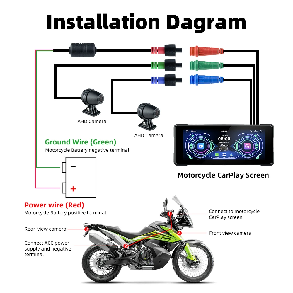 EVKEY -Carplay sans fil pour moto, GPS, Navi, Android, Auto, Avant, Arrière, Touriste, Bluetooth, Caméra, Enregistreur, 7.0