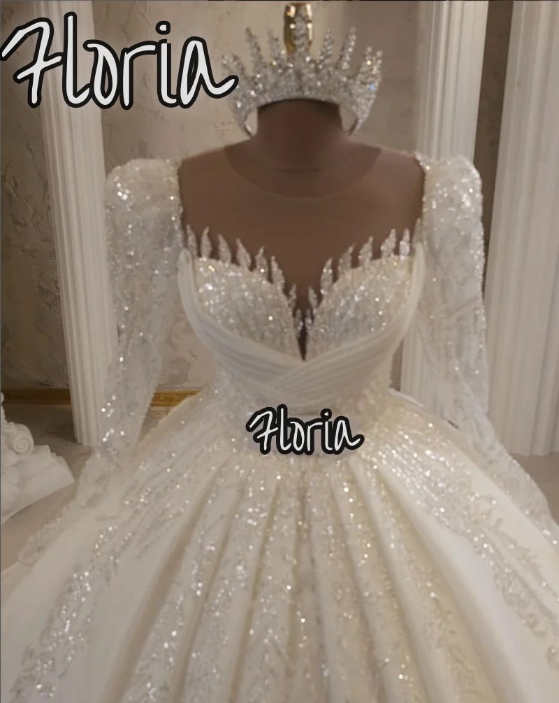

Vintage Muslim Ivory Long Sleeves Wedding Dress Plus Size Sequin A Line V-Neck Bride Dress With Seep Train Vestido De Novia