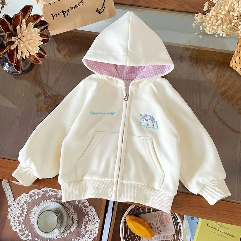 

2025 Autumn New Children's Cartoon Dog Embroidered Hoodie Splicing Grid Pattern Inner Warm Coat