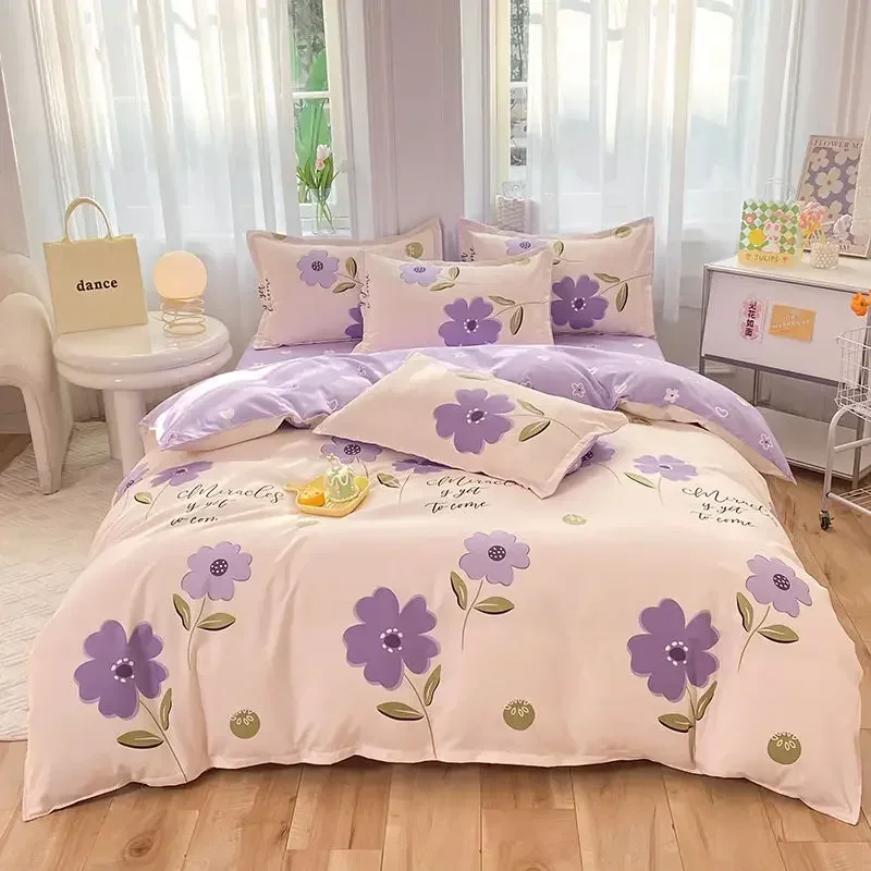 100%Pure Padded Skin-friendly Cotton Four-piece Set Double Bedding Quilt Cover Breathable Cartoon Dormitory Three-piece Set