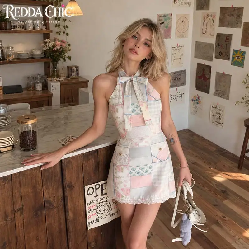ReddaChic Women's Bow Halter Mini Dress Causal Tartan Contrast Lace Trim A-line Sleeveless Tank Dress Holiday Summer Clothes