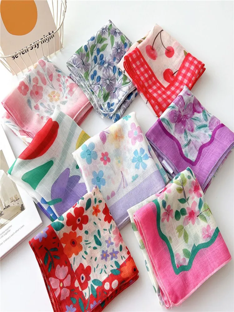 Spring Summer Thin Cotton Linen Small Square Scarf Sweet Floral Print Hair Scarf Headscarf Women Girls Elegant Decor Neckerchief