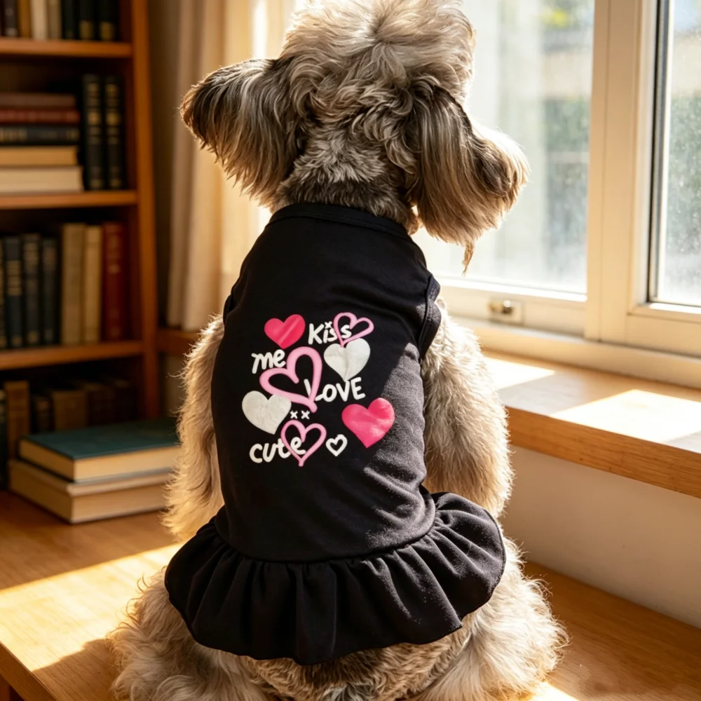 1pc Sweet Kiss Love Letter Pattern Pet Dress, Black Sleeveless Dog Skirt with Ruffle Hem, Holiday Party Daily Costume