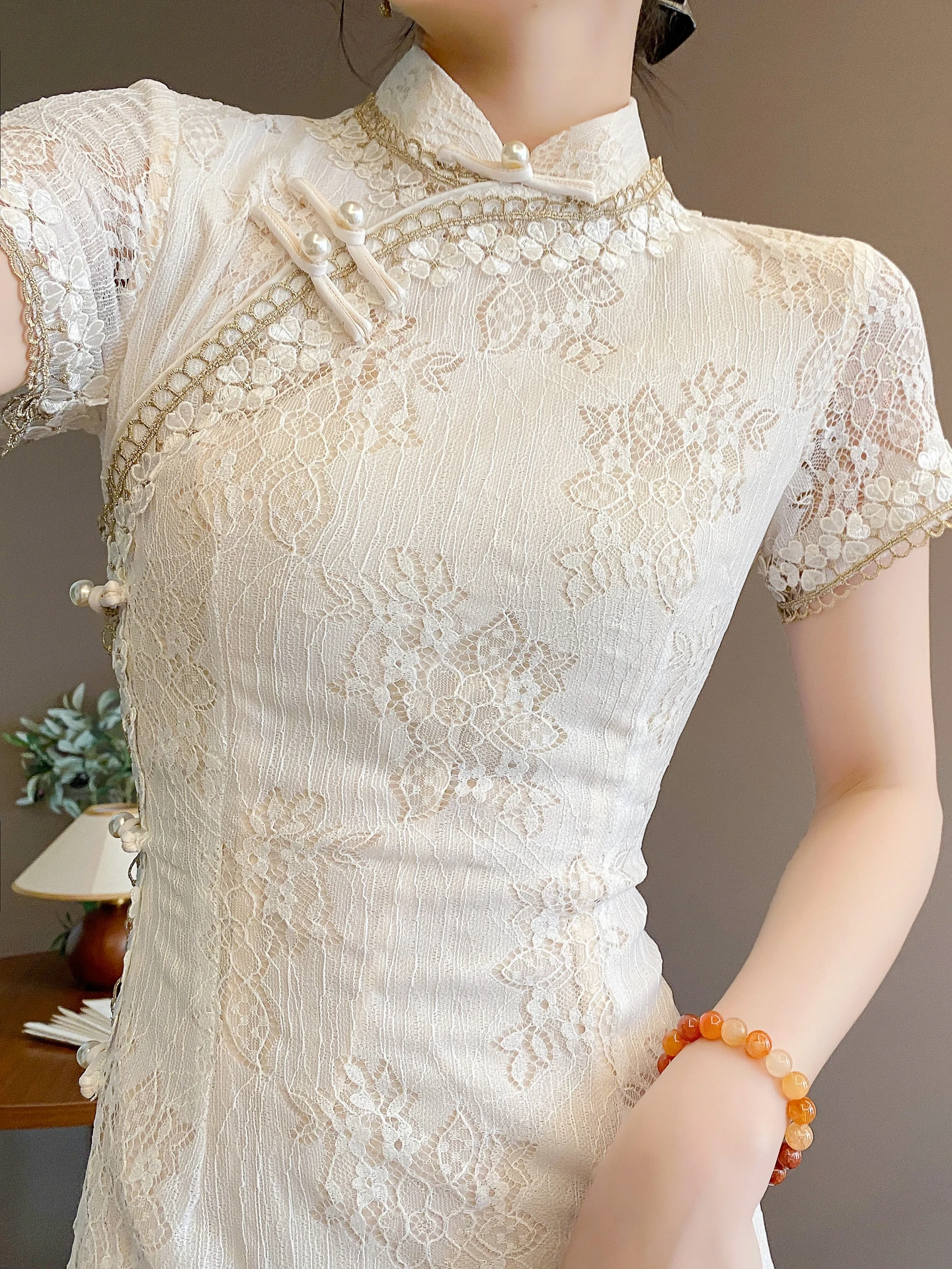 

Ретро-платье-ципао с кружевной вышивкой и коротким рукавом для помолвки, свадьбы, повседневной носки, удобное, дышащее