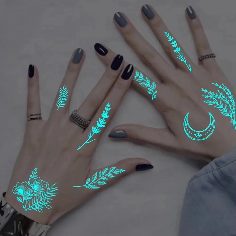 4 قطعة الأزرق مضيئة مقاوم للماء المؤقتة الوشم ملصق هندسي فراشة زهرة الورد القمر النساء الرجال الذراع الجسم الفن الوشم وهمية