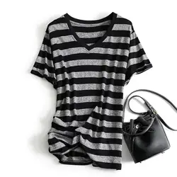 Street Casual Striped Loose Tops Summer New V Neck Plus Size All-match Thin Vintage T Shirts Fashion Office Women Clothing