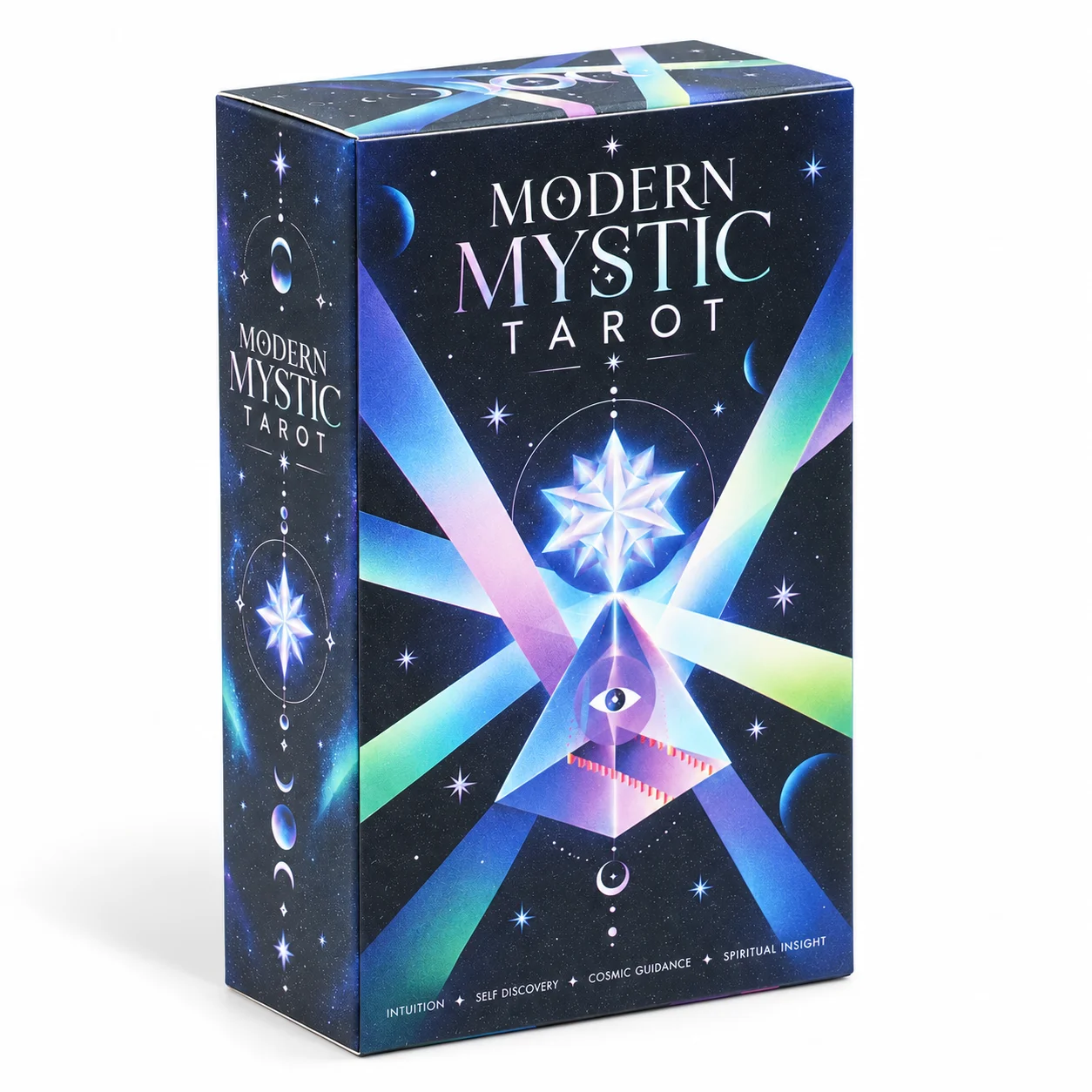 Jeu de cartes de tarot mystique moderne, inspiré des motifs célestes, pour l’intuition, la découverte de soi, l’orientation cosmique, l’énergie lunaire et l’illumination spirituelle.