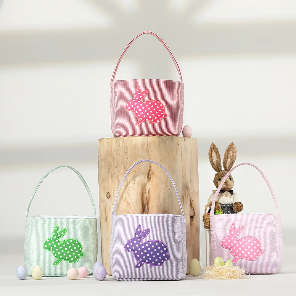 Seersucker Easter Bucket Printed Dot Rabbit Plaid Bunny Basket Canvas Kids Eggs Hunt Carrying Gift Bag Toys Party Handbag