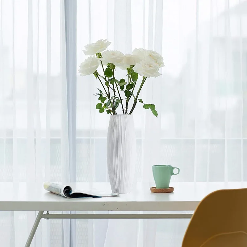 8-Inch cylindrical white ceramic vase with waterfall texture for home decoration