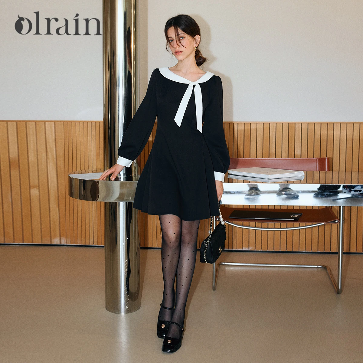 

OLrain French Elegant Dress for Woman 2025 Autumn Lantern Sleeve Contrasting Mini Dress Vintage X-line Dress Female O57QL001098