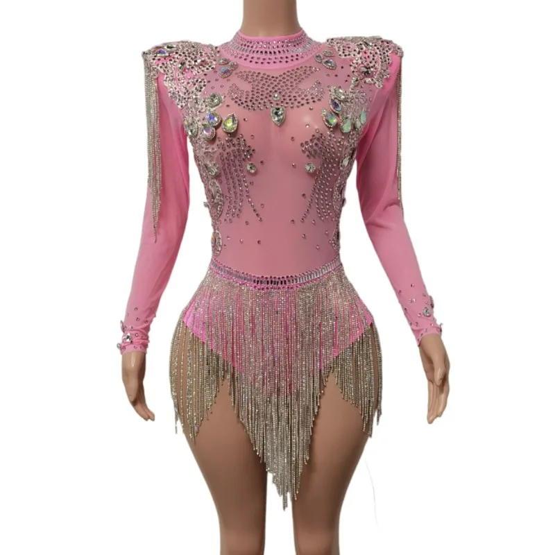 

Sexy See Through Tassel Rhinestone Bodysuits Dress Women Crystal Leotard Singer Dance Stage Performance Costume Club Jumpsuits