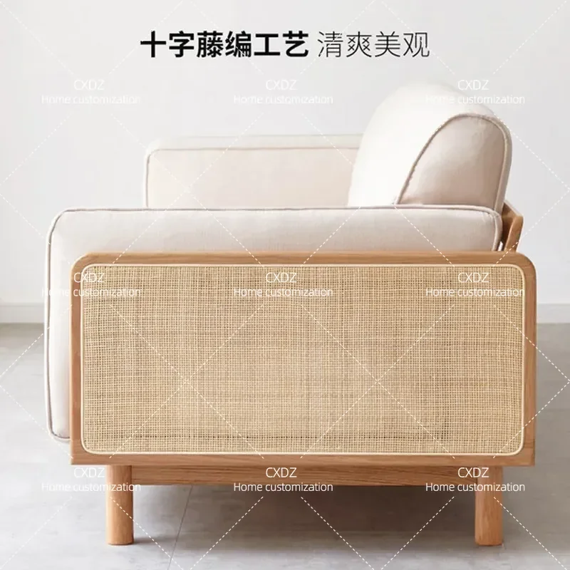 2025 Rattan Sofa Set Japanese Ash Wood Three Seater Fabric Log Style Simple Small Apartment Living Room Solid Wood Furniture