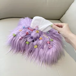 Cute Long-haired Dog Fluffy Tissue Box Heart Knitting Thread Napkin Holder Tissue Bag Bedroom Kitchen Desktop Storage Napkins