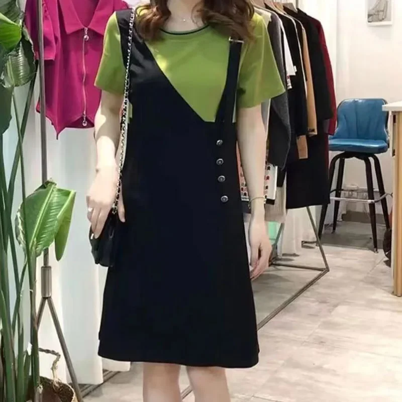 

Women's Korean Fashion Contrast Color Spliced Short Sleeve Dress Casual Loose Fake Two Pieces Dresses Female Clothing CY53