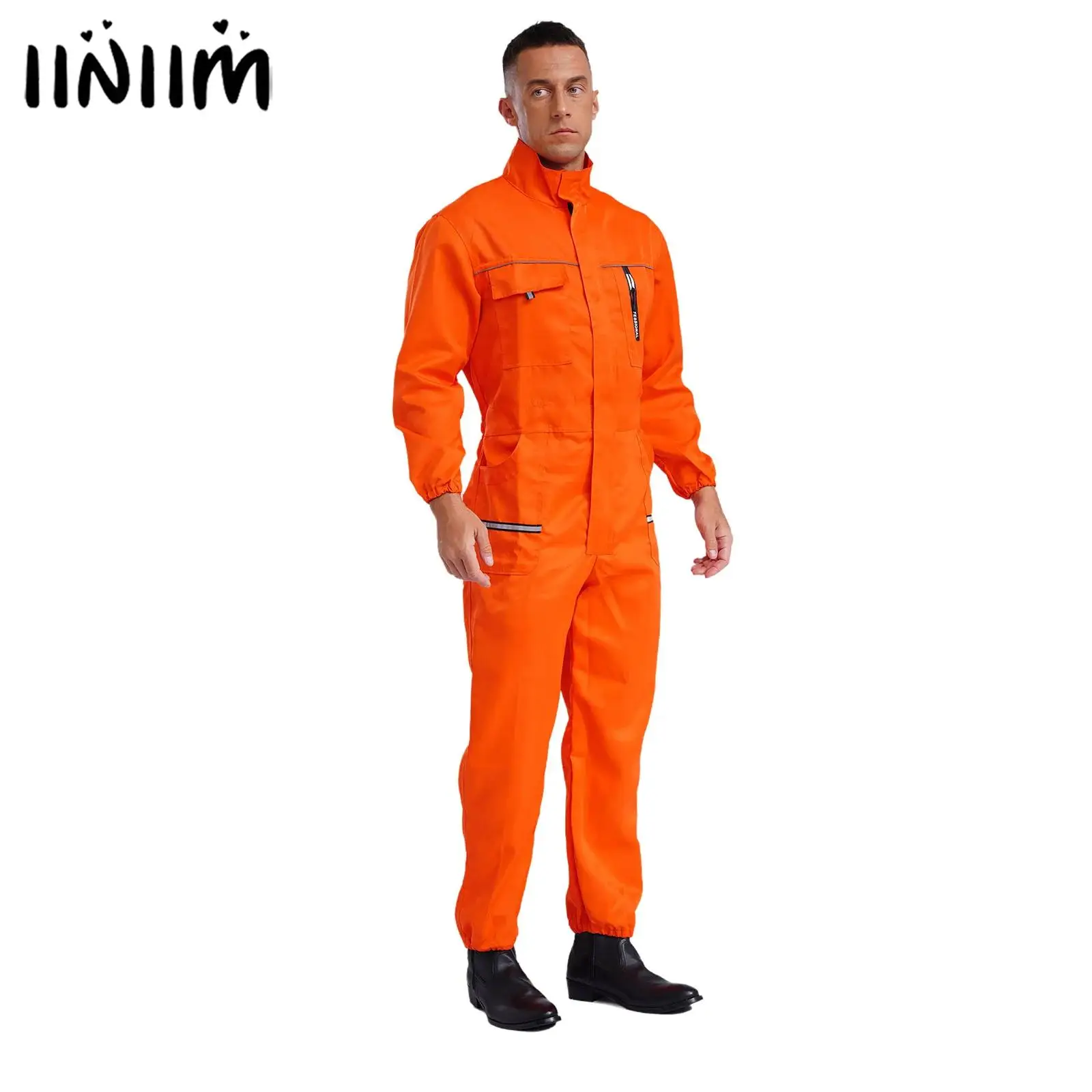 Monos resistentes para hombres y adultos, mono general con cuello levantado, manga larga, múltiples bolsillos, rayas reflectantes, uniformes de trabajo