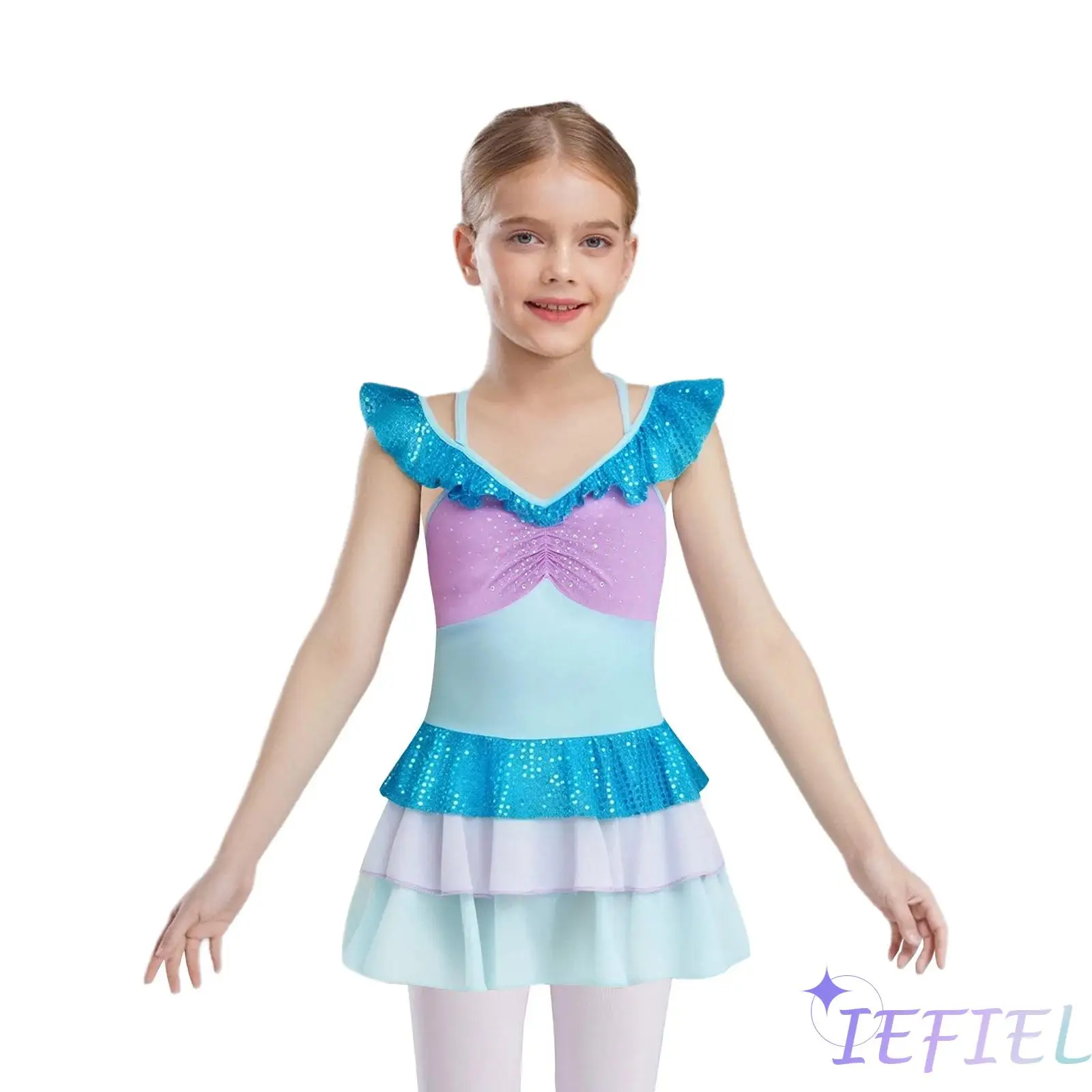 

Kids Girl Figure Skating Dance Performance Costume Cross Back Shiny Sequins Rhinestones Ruched Tiered Ruffled Ballet Dance Dress