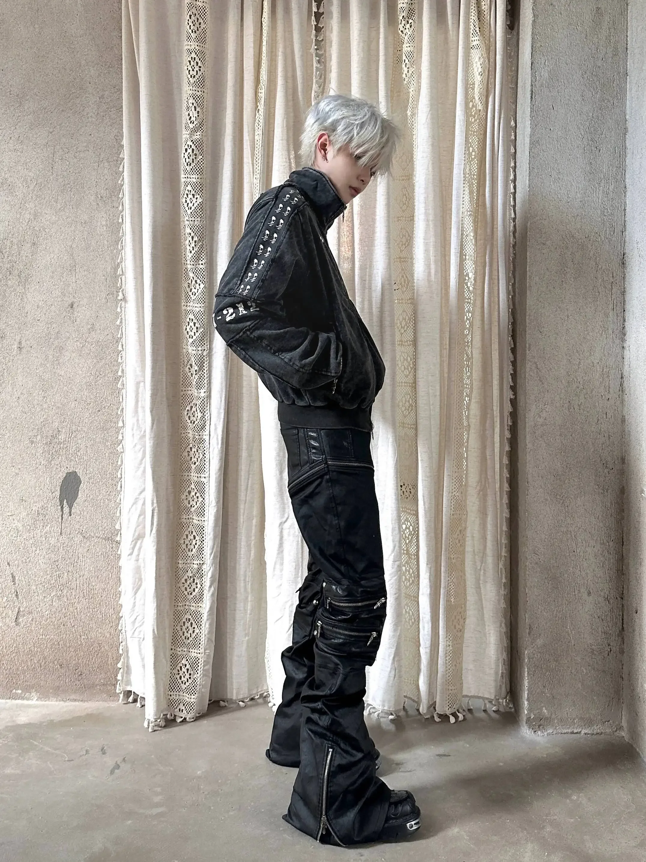 Men's Punk Heavy Washed Vintage Printed Patchwork Subculture Silhouette Sweatshirt