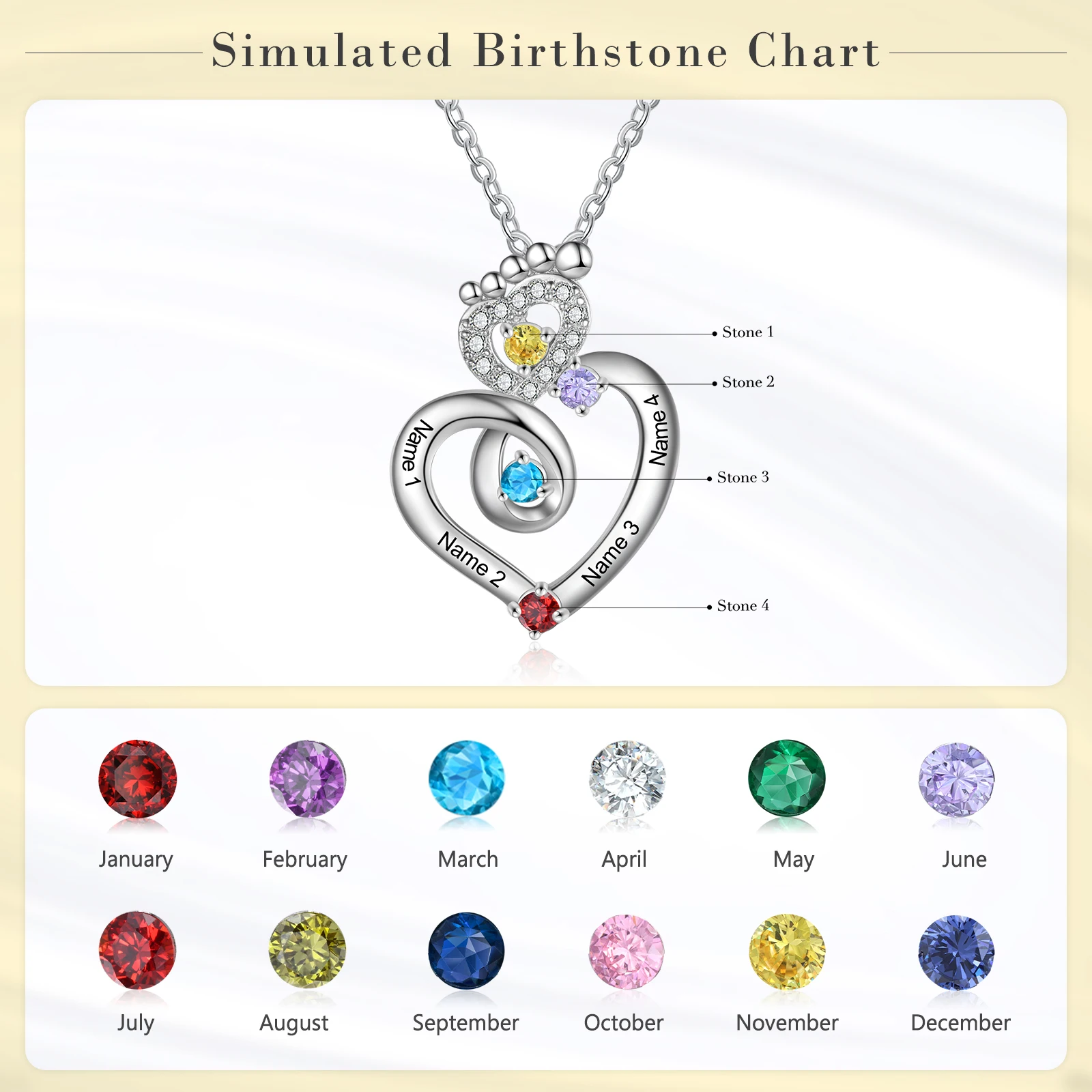 Personalized Baby Feet Zircon Heart Engraved Name Necklace Silver Color Customized 1-4 Birthstone Mothers Day Gifts for Women