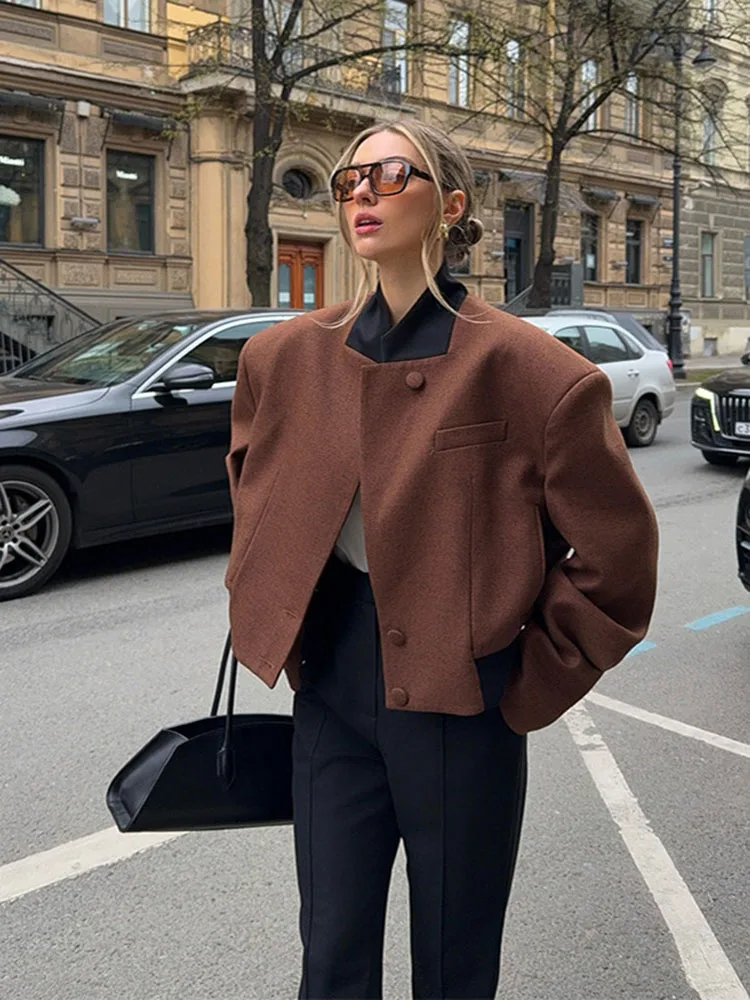 

Женские винтажные куртки с воротником с лацканами, темпераментные короткие куртки с длинными рукавами и карманами, осень 2024, женская шикарная повседневная верхняя одежда для поездок на работу