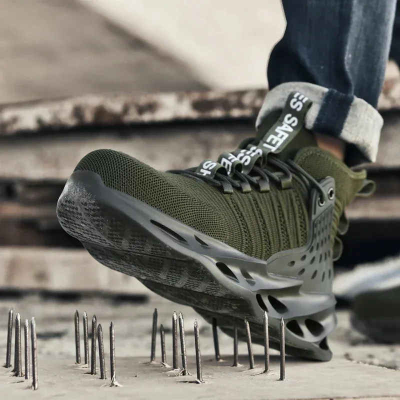أحذية أمان غير قابلة للانزلاق للرجال، أحذية رياضية برأس فولاذي، مقاومة للثقب، زر دوار، أحذية عمل، أحذية رياضية مضادة للسحق