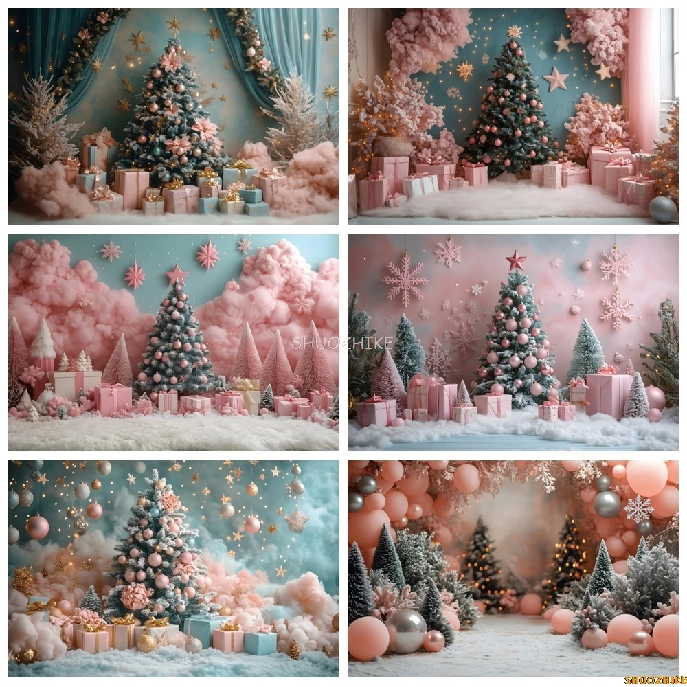 Pink Christmas Decorations Backdrop Winter Snowflake Xmas Tree Ball Gifts Bells Kid Family Party Photography Background Decor
