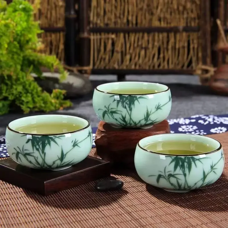 Celadon Tea Cup Set Ceramic Hand-painted Landscape Lotus Carp Bowl Traditional Set Double Fish Chinese Tea Art Utensils