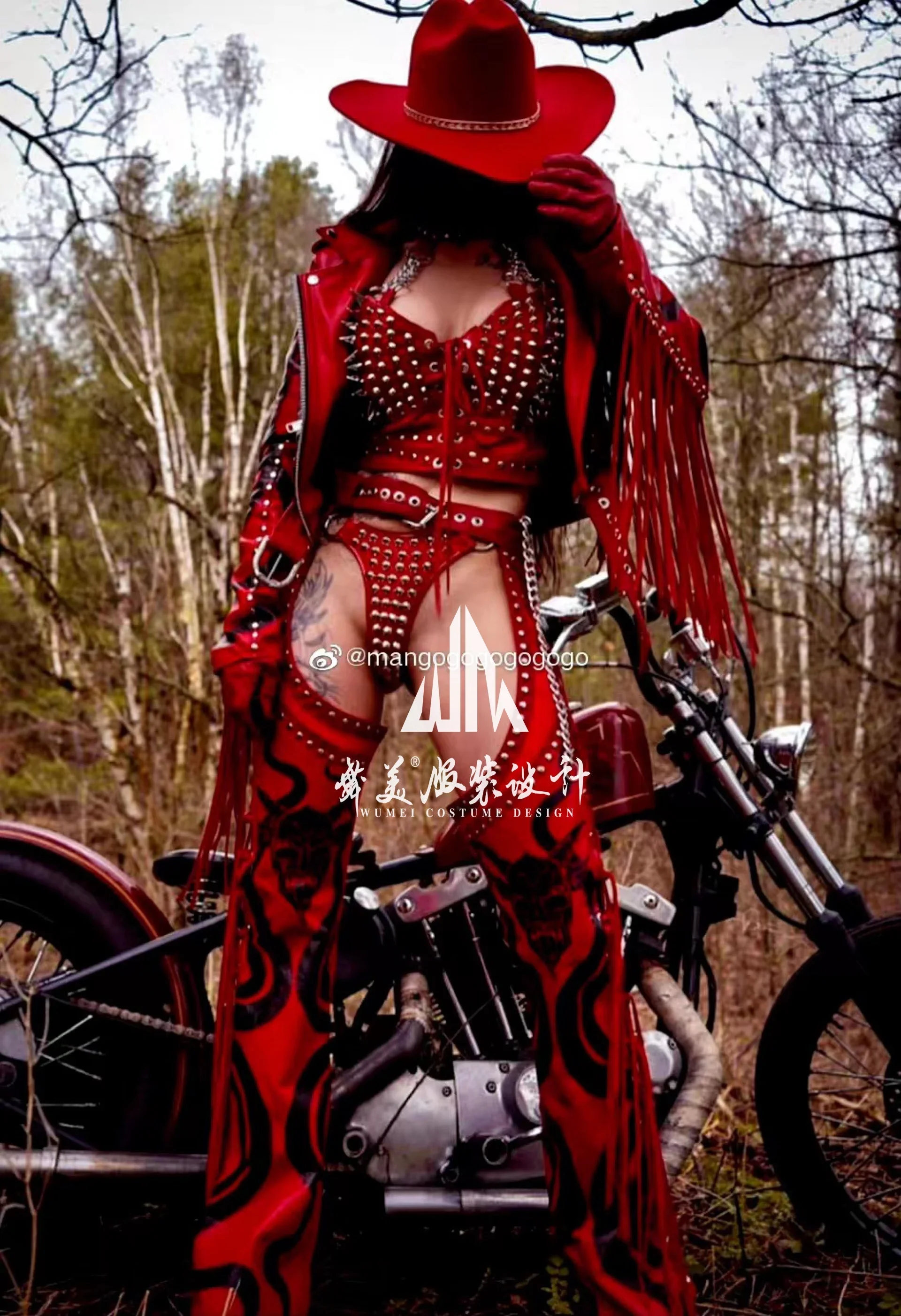 Red Punk Rivet Bikini Set for Drag Queen Hollow out Carnival Performance Stage Outfit with Fringed Coat Singer Costume