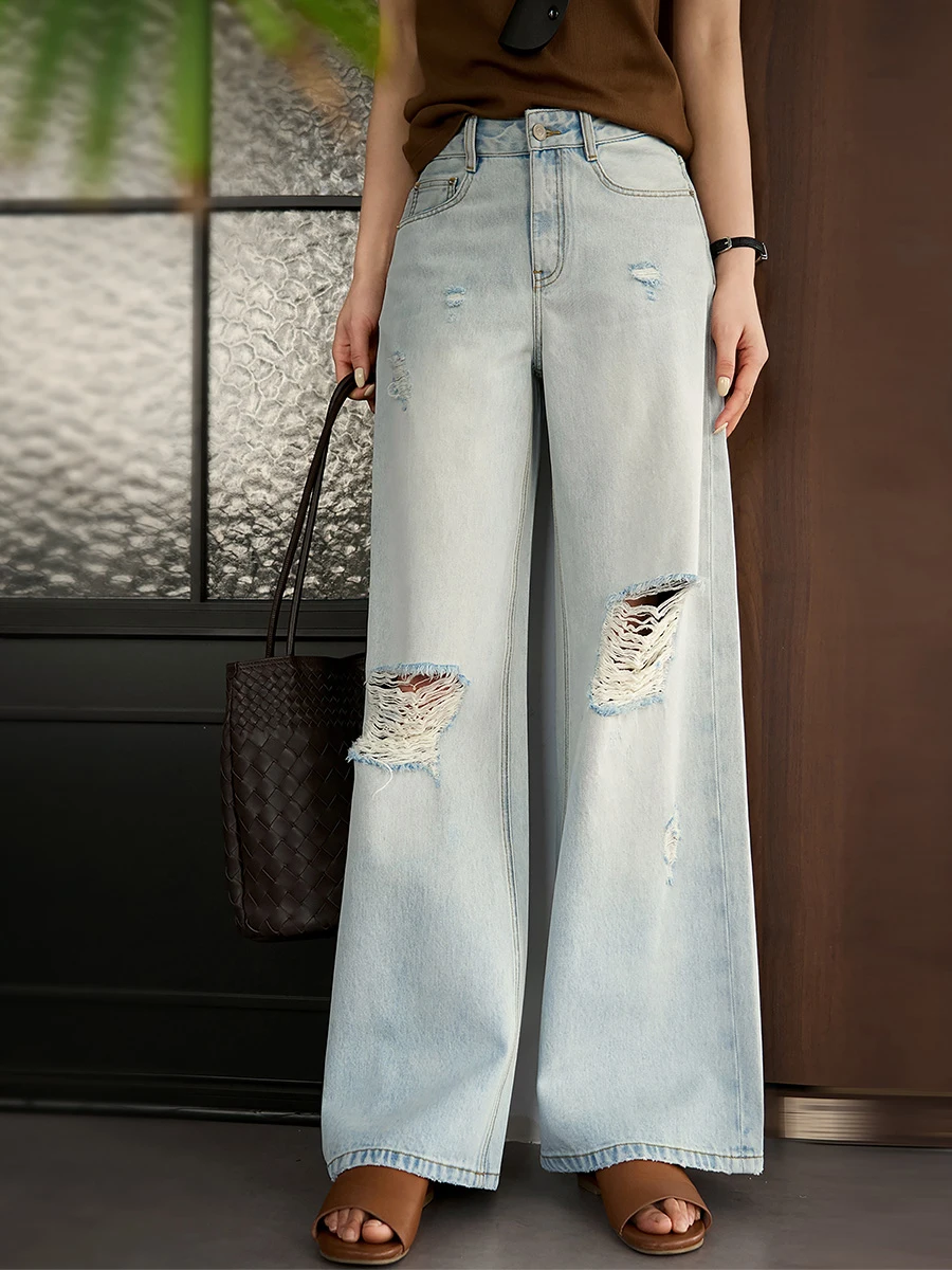 

Джинсы женские Street Style из рваного денима с высокой талией, широкими штанинами и прямым кроем, весенняя новинка, синие, повседневные, комфортные