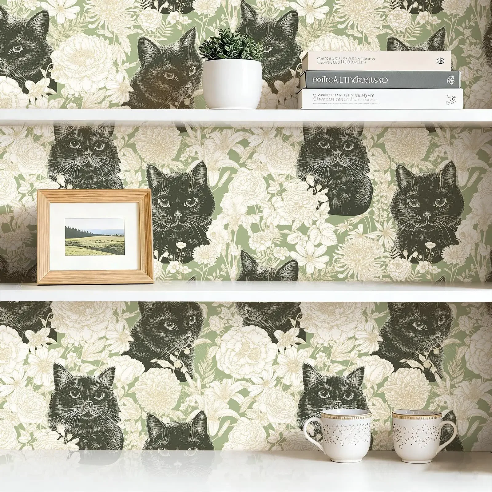Vintage Black Cat Floral Peel and Stick Wallpaper Self Adhesive Removable Contact Paper Wall Sticker for Bedroom Home Decor
