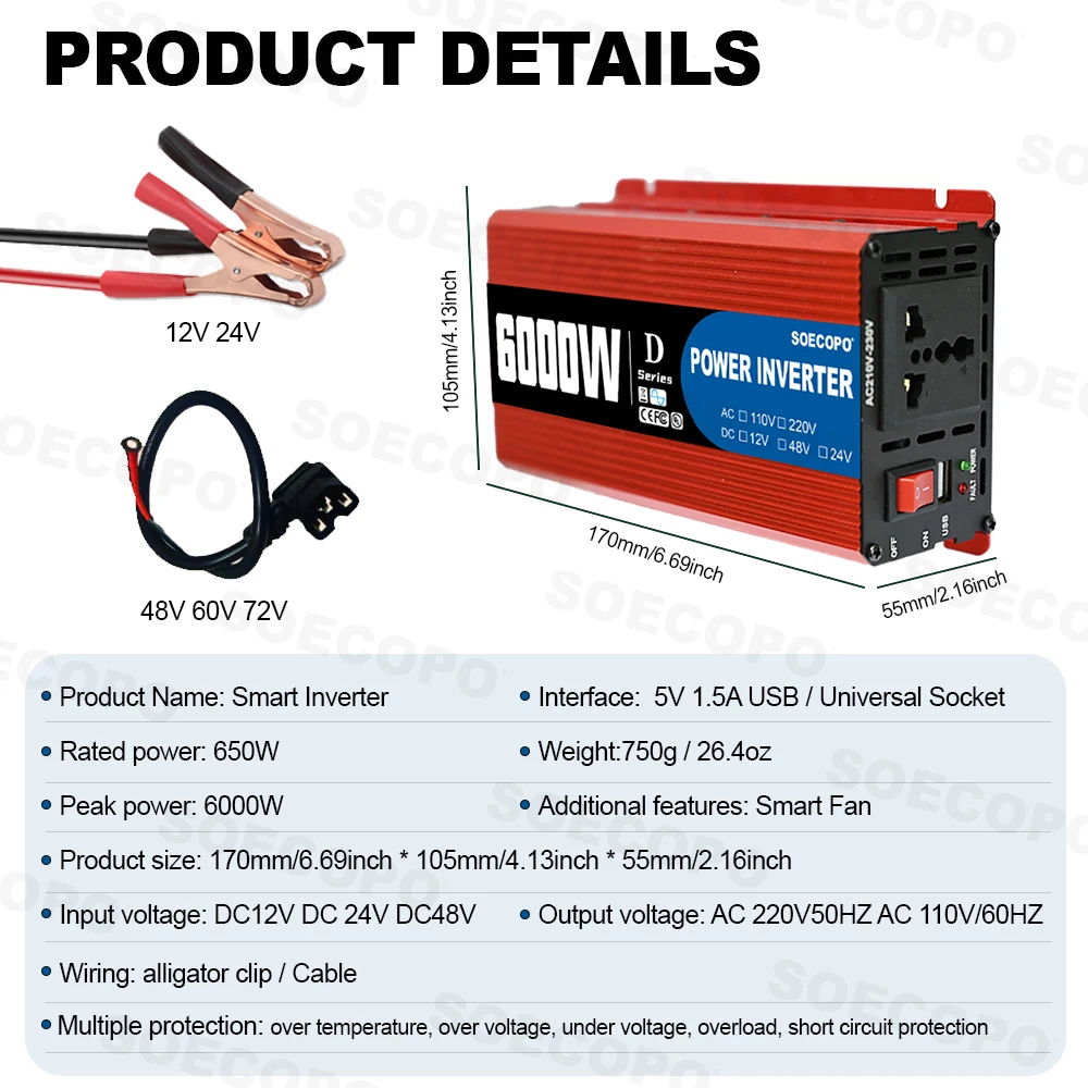 SOECOPO 6000 واط الذكية العاكس المحمولة لسيارة التخييم استخدام تيار مستمر 12 فولت/24 فولت/48 فولت إلى التيار المتناوب 110 فولت/220 فولت USB 5 فولت/1.5A الأنظمة الشمسية CE UL