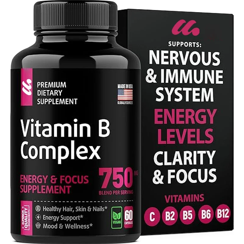 

Vitamin B Complex Capsules - B vitamins, biotin, folate, vitamin C, B complex for male and female nervous systems, 60 capsules