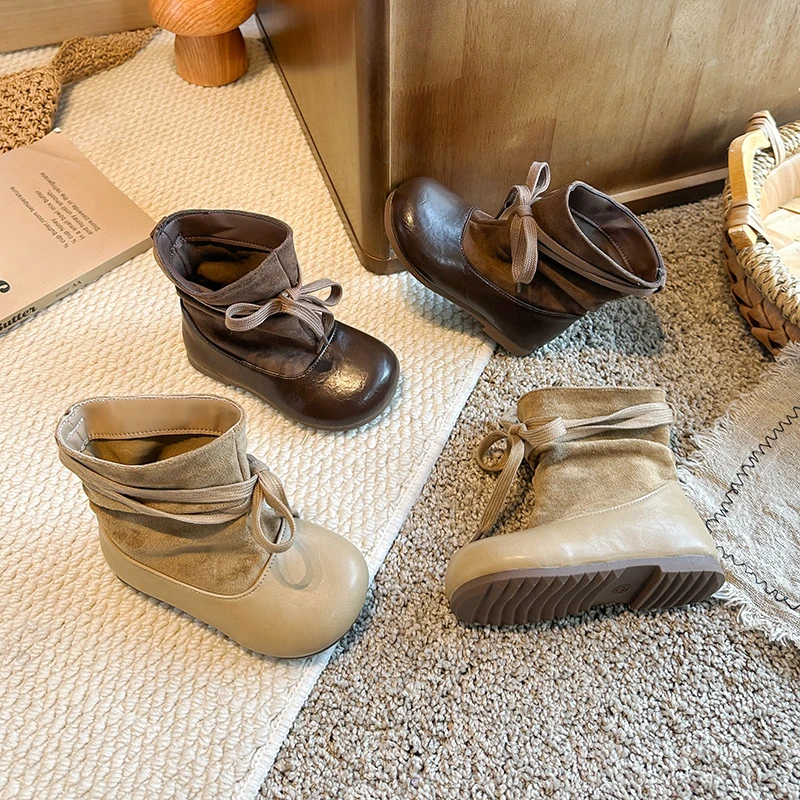 Kids Leather Boots Simple Bows Children Fashion Boots Korean Style Slip-on 2026 Autumn New Children Casual Boots Round Toes