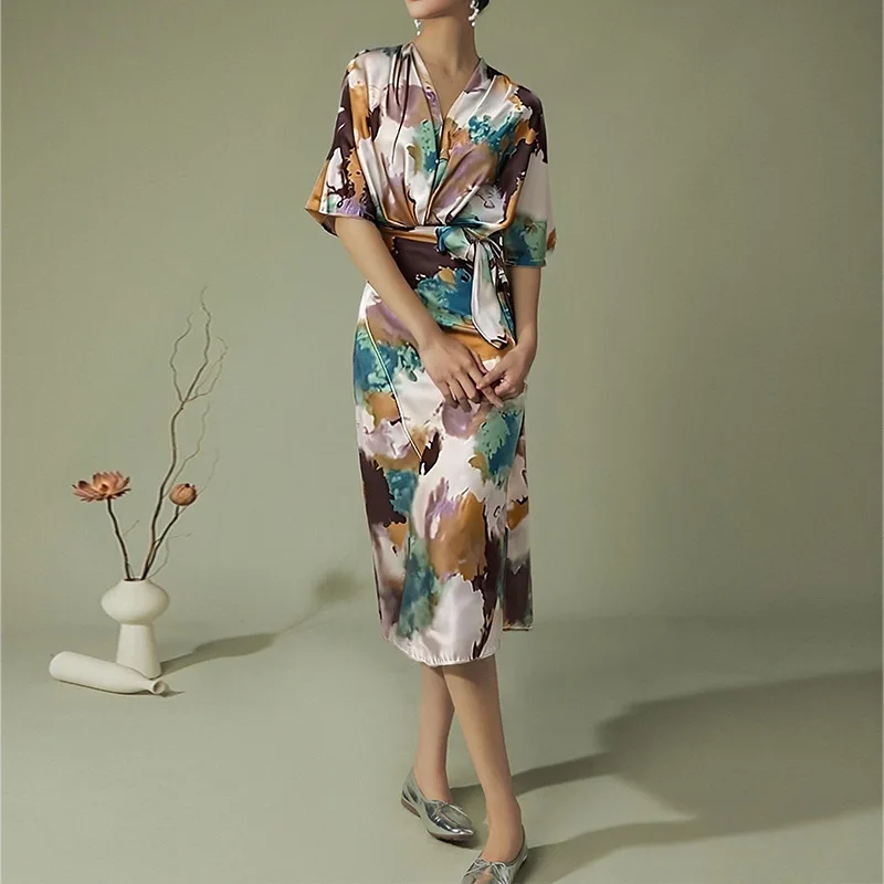 Elegant Floral V-Neck Tie Waist Dress Dresses for Spring Summer Women
