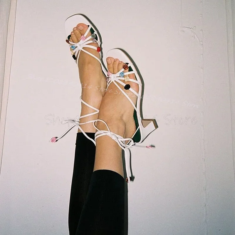 

Colorful Appliques Decor White Open Toe Sandals Lace Up Women Shoes Chunky High Heels New Party Banquet 2025 Zapatos Para Mujere