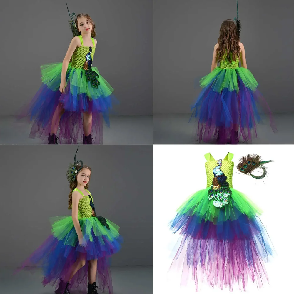 Peacock Stage Performance Cosplay Dress Headwear Kids Children Girls Costume Outfits Halloween Carnival Party Roleplay Suit