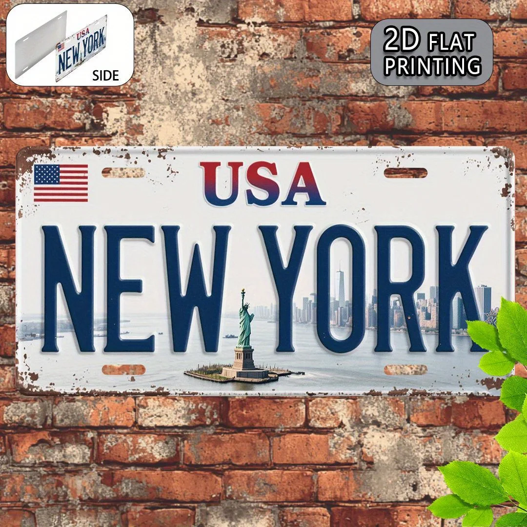 New York USA Statue of Liberty & Skyline Vintage License Plate Style Aluminum Metal Sign Retro American Travel Souvenir Wall Art