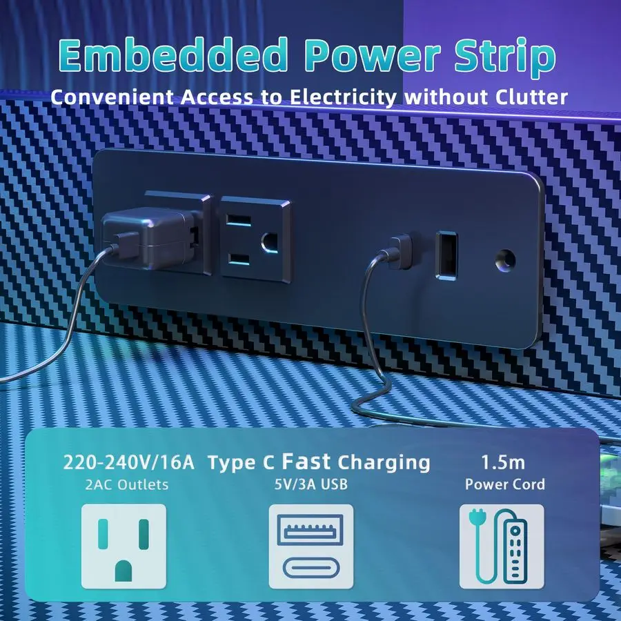 Gaming Desk 40 inch with Power Outlet and LED Light, Computer Desk with Reversible Shelves and Storage Drawer, Small PC Desk fo