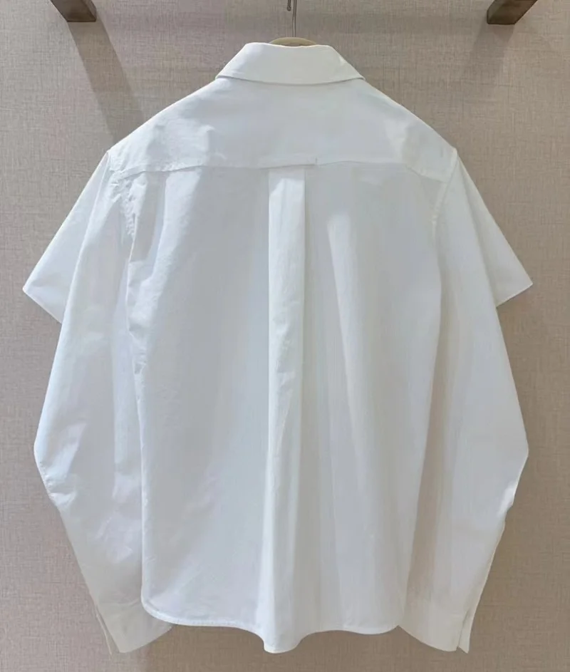 탑 패션 디자이너 블라우스 셔츠 2025 봄 여름 레이디 턴 다운 칼라 루렉스 자수 중공 슬리브 블루 화이트 셔츠