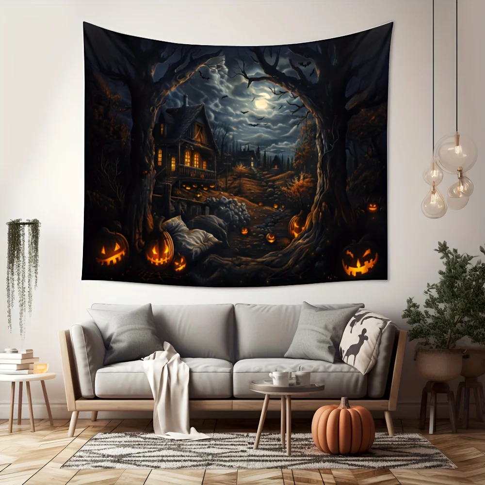 VIKAMA Halloween Gothic Wall Tapestry Night House Pumpkin Lantern Full Moon Dead Tree Bat Horror Ghost Party Decoration