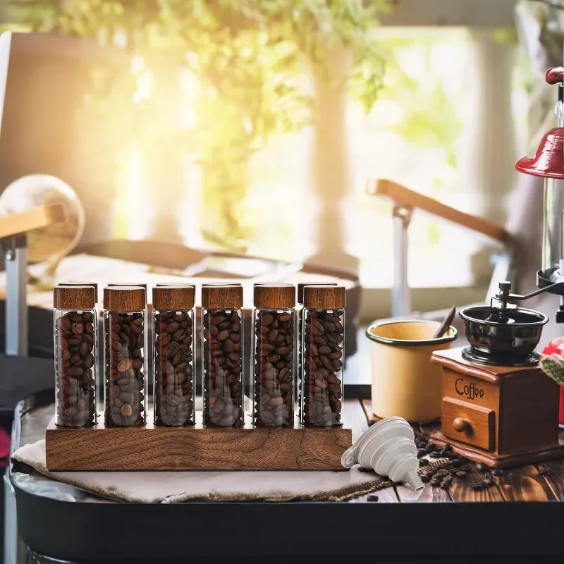 Juego de tarros sellados de vidrio, dispensador de café en polvo de calidad alimentaria con soporte de exhibición de madera de nogal y viales de dosificación de embudo con tapas, 1 Juego