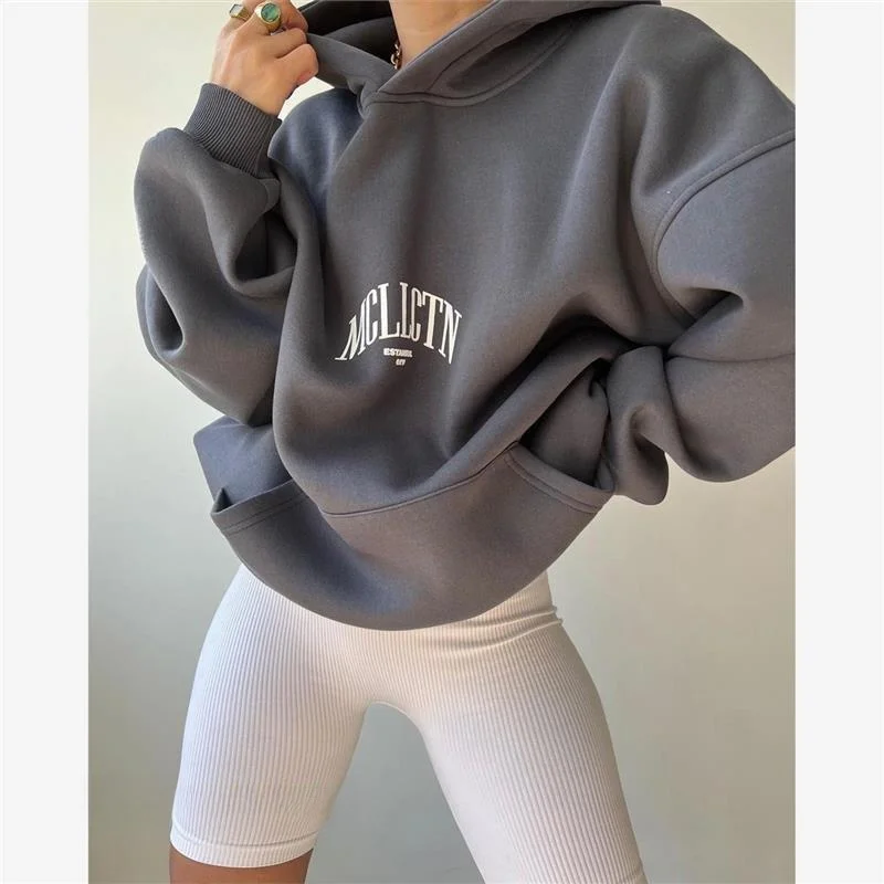 Felpa con cappuccio lunga con stampa di lettere Faion casual da donna, comoda felpa streetwear per la stagione autunnale