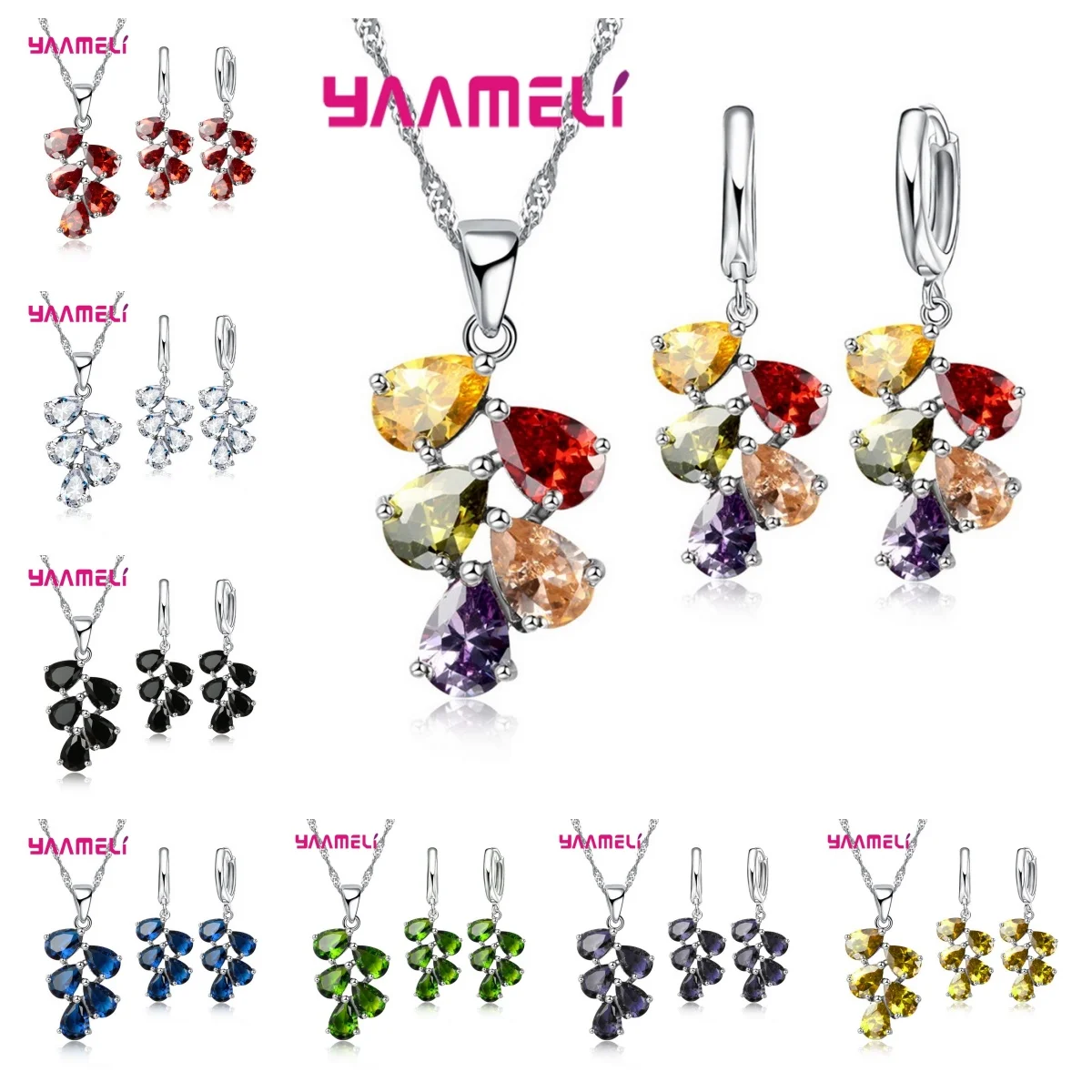 Charm 925 Sterling Silver Vine Water Drop Cubic Zircon Pendant Necklace Hoop Earrings Set for Women Wedding Party Jewelry Gifts