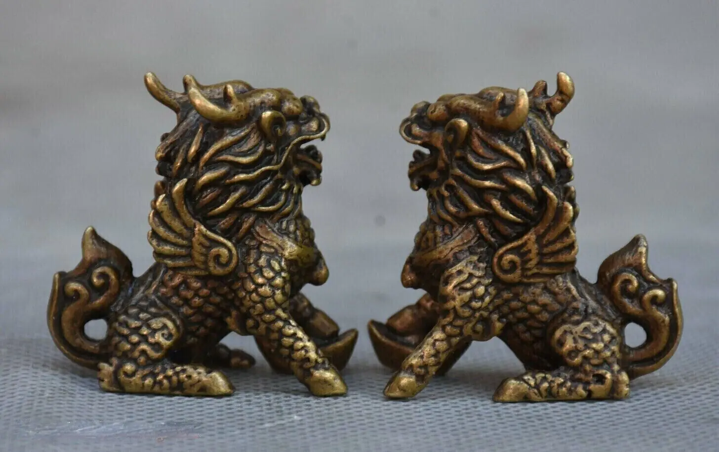 Pairs Chinese Bronze FengShui Wealth Auspicious Statue Kylin Chi lin Qilin God Beast Statue