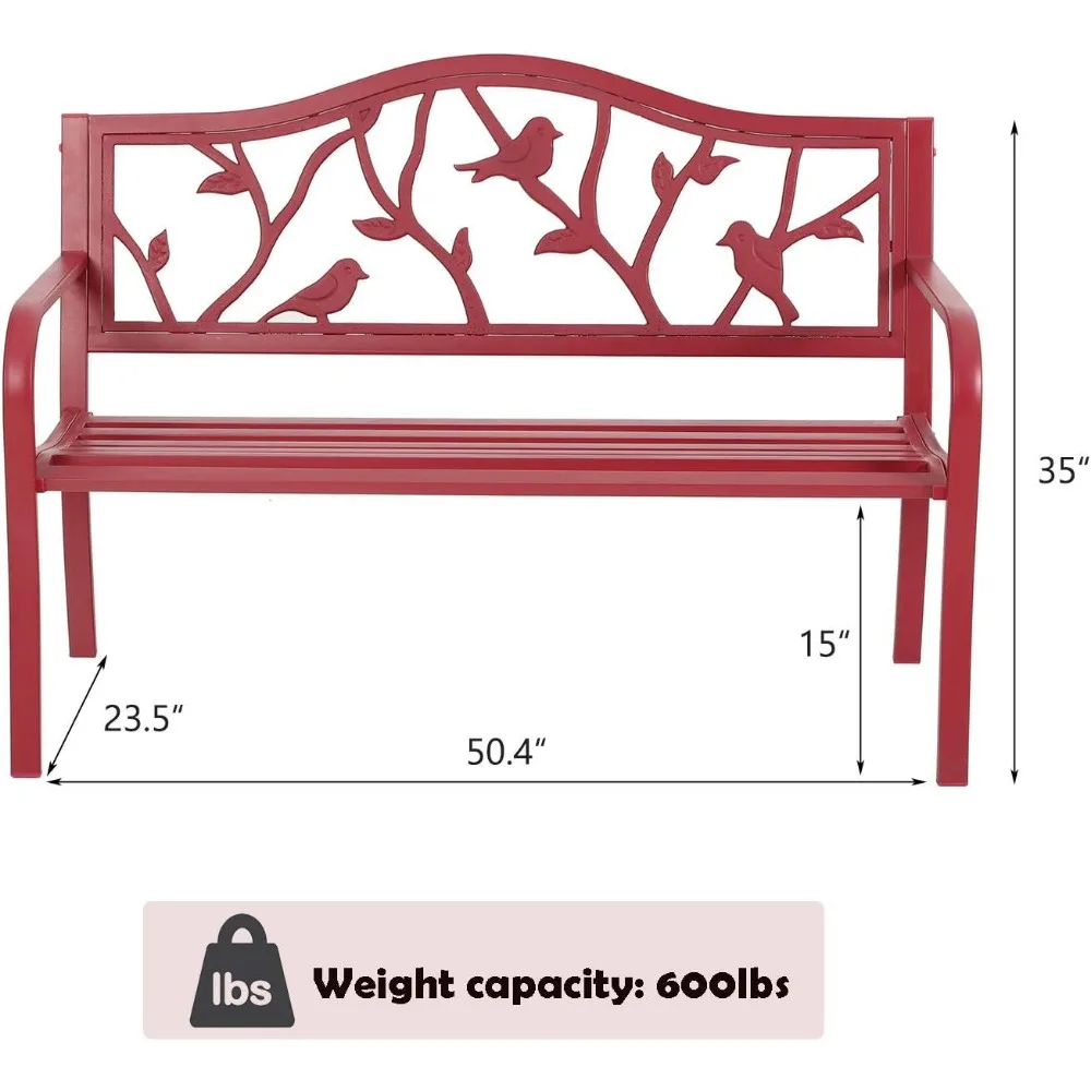 Outdoor Garden Bench, Steel Metal Frame Patio Park Bench with Bird Pattern Backrest, Capacity 600+ Lbs, Easy Assemble Long Chair